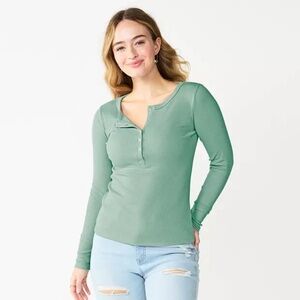 NEW Women's Solid Henley button front Slim Fit long sleeve Ribbed Top  Green M